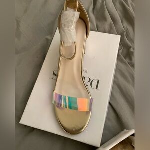 David’s Bridal metallic block heel sandals with holographic strap